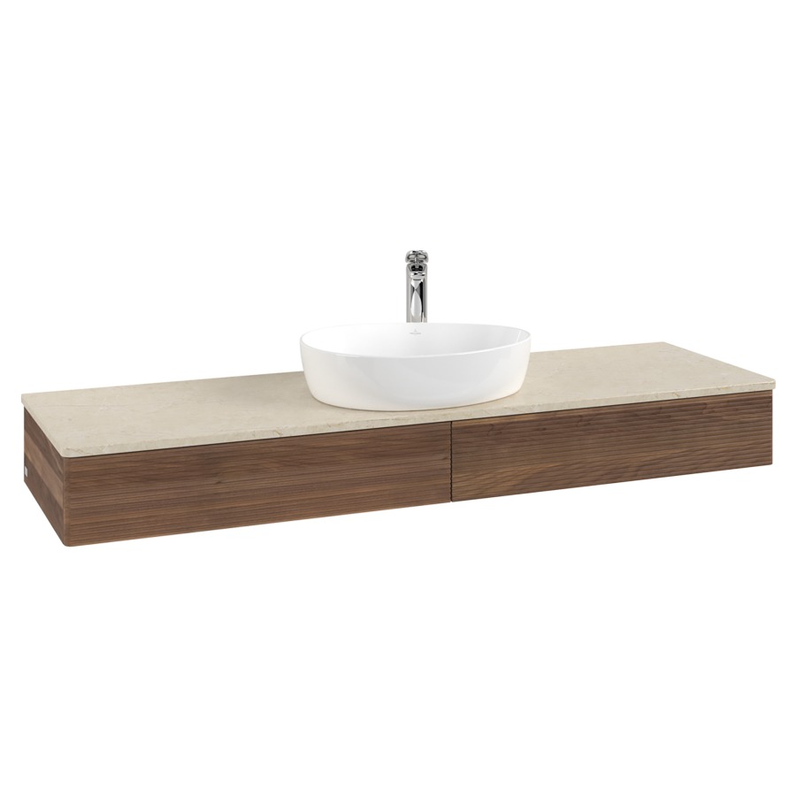 Élément inférieur  Antao
160 x 19 x 50 cm
2&nbsp;éléments de tiroir, 1&nbsp;tiroir chacune
avec siphon gain de place
avec matériel de fixation
pour 1 lavabo à poser 101037/101039/234171
recouvrement Botticino, 1 trou pour robinet