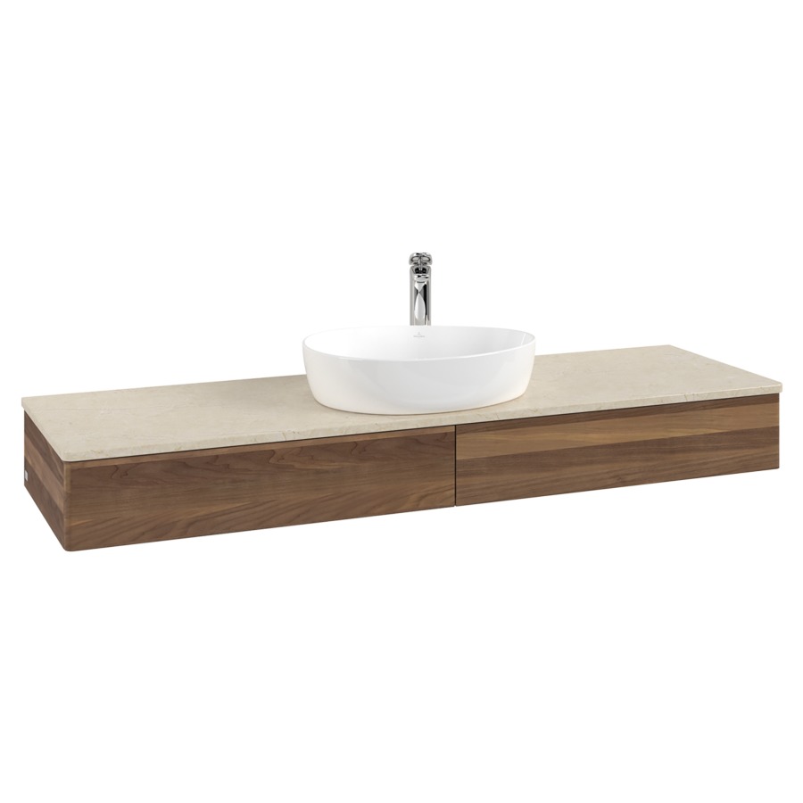 Élément inférieur  Antao
160 x 19 x 50 cm
2&nbsp;éléments de tiroir, 1&nbsp;tiroir chacune
avec siphon gain de place
avec matériel de fixation
pour 1 lavabo à poser 101037/101039/234171
recouvrement Botticino, 1 trou pour robinet