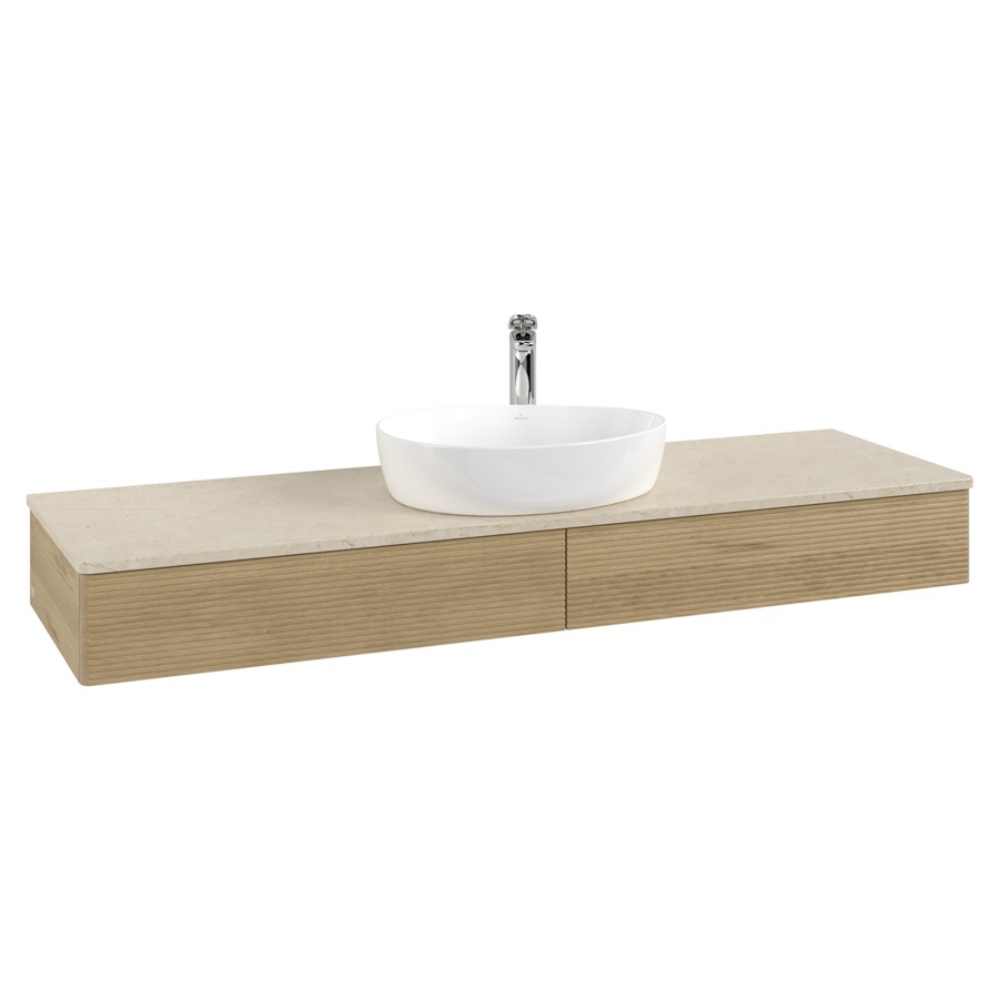 Élément inférieur  Antao
160 x 19 x 50 cm
2&nbsp;éléments de tiroir, 1&nbsp;tiroir chacune
avec siphon gain de place
avec matériel de fixation
pour 1 lavabo à poser 101037/101039/234171
recouvrement Botticino, 1 trou pour robinet