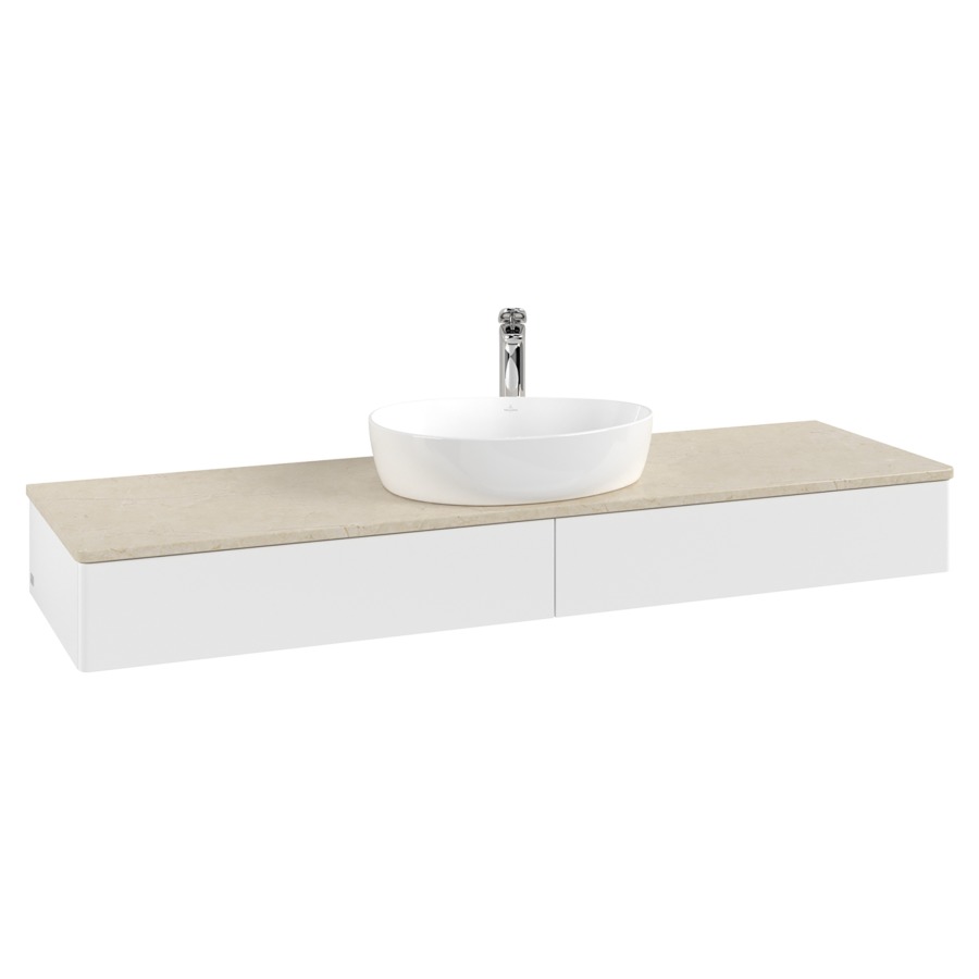 Élément inférieur  Antao
160 x 19 x 50 cm
2&nbsp;éléments de tiroir, 1&nbsp;tiroir chacune
avec siphon gain de place
avec matériel de fixation
pour 1 lavabo à poser 101037/101039/234171
recouvrement Botticino, 1 trou pour robinet