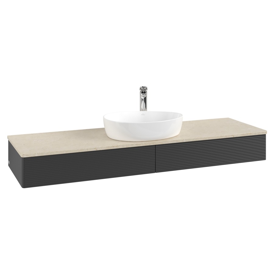 Élément inférieur  Antao
160 x 19 x 50 cm
2&nbsp;éléments de tiroir, 1&nbsp;tiroir chacune
avec siphon gain de place
avec matériel de fixation
pour 1 lavabo à poser 101037/101039/234171
recouvrement Botticino, 1 trou pour robinet