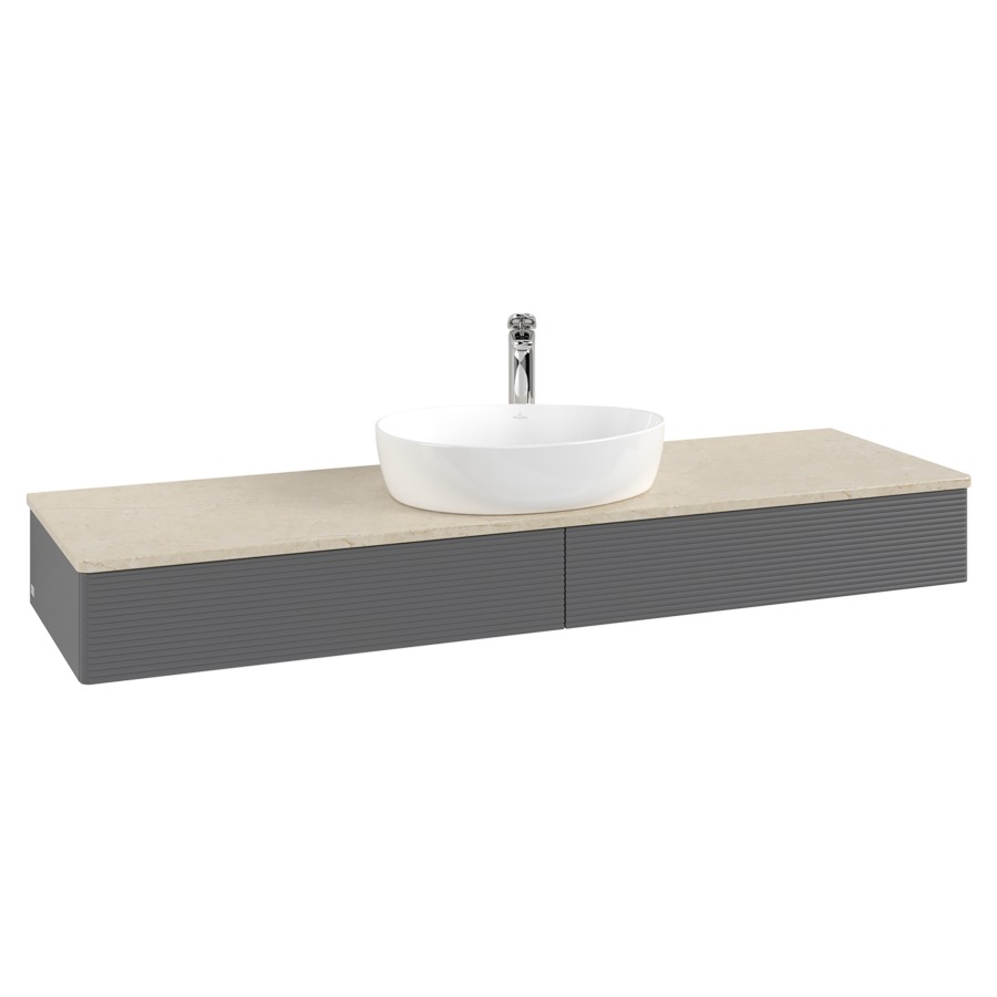 Élément inférieur  Antao
160 x 19 x 50 cm
2&nbsp;éléments de tiroir, 1&nbsp;tiroir chacune
avec siphon gain de place
avec matériel de fixation
pour 1 lavabo à poser 101037/101039/234171
recouvrement Botticino, 1 trou pour robinet