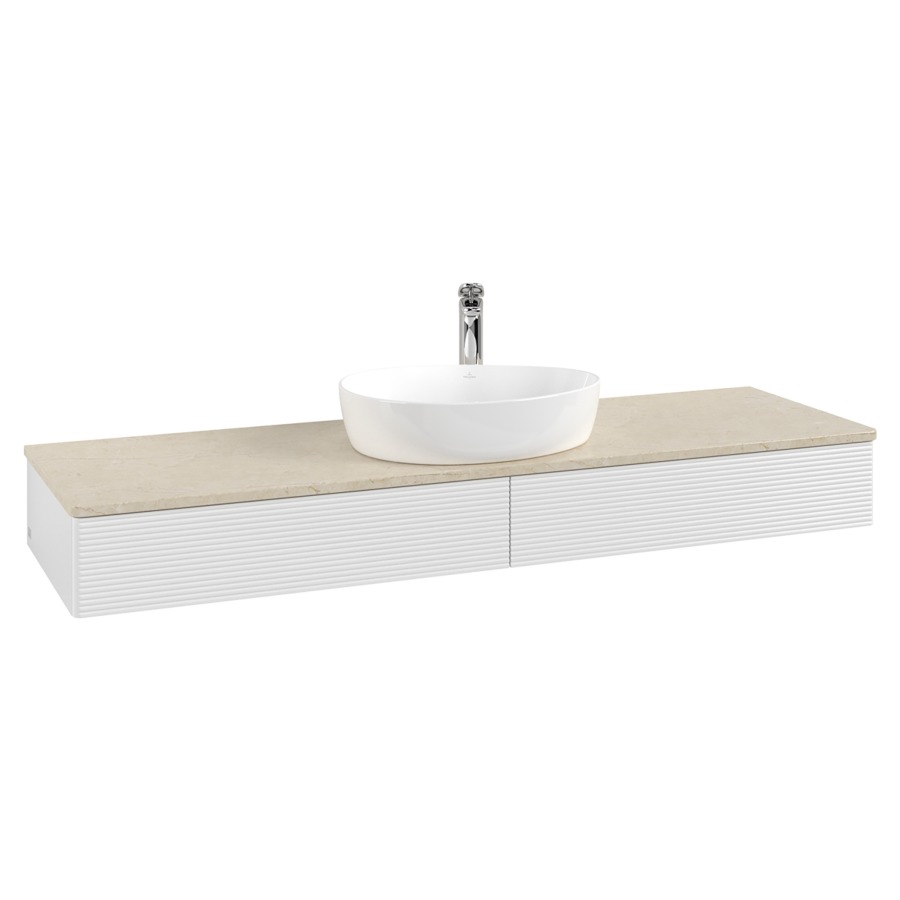 Élément inférieur  Antao
160 x 19 x 50 cm
2&nbsp;éléments de tiroir, 1&nbsp;tiroir chacune
avec siphon gain de place
avec matériel de fixation
pour 1 lavabo à poser 101037/101039/234171
recouvrement Botticino, 1 trou pour robinet