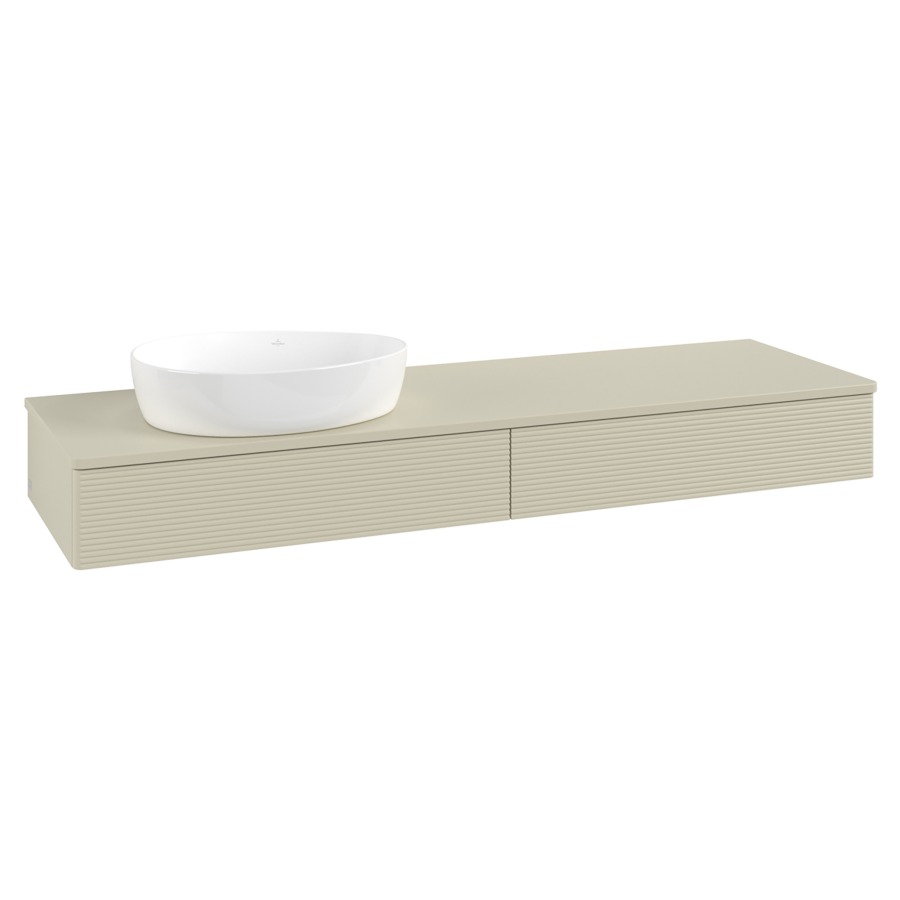 Élément inférieur  Antao
160 x 19 x 50 cm
2&nbsp;éléments de tiroir, 1&nbsp;tiroir chacune
lavabo à gauche
avec siphon gain de place
avec matériel de fixation
pour 1 lavabo à poser 234171/234172/234173
recouvrement sans trou pour robinet