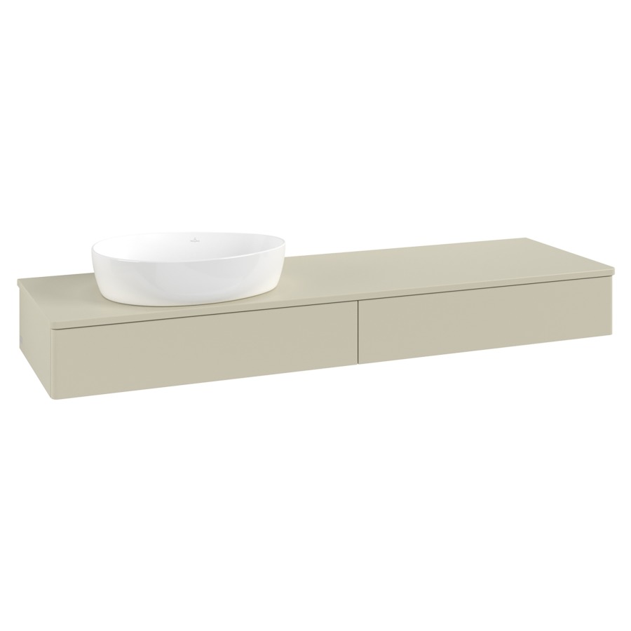 Élément inférieur  Antao
160 x 19 x 50 cm
2&nbsp;éléments de tiroir, 1&nbsp;tiroir chacune
lavabo à gauche
avec siphon gain de place
avec matériel de fixation
pour 1 lavabo à poser 234171/234172/234173
recouvrement sans trou pour robinet