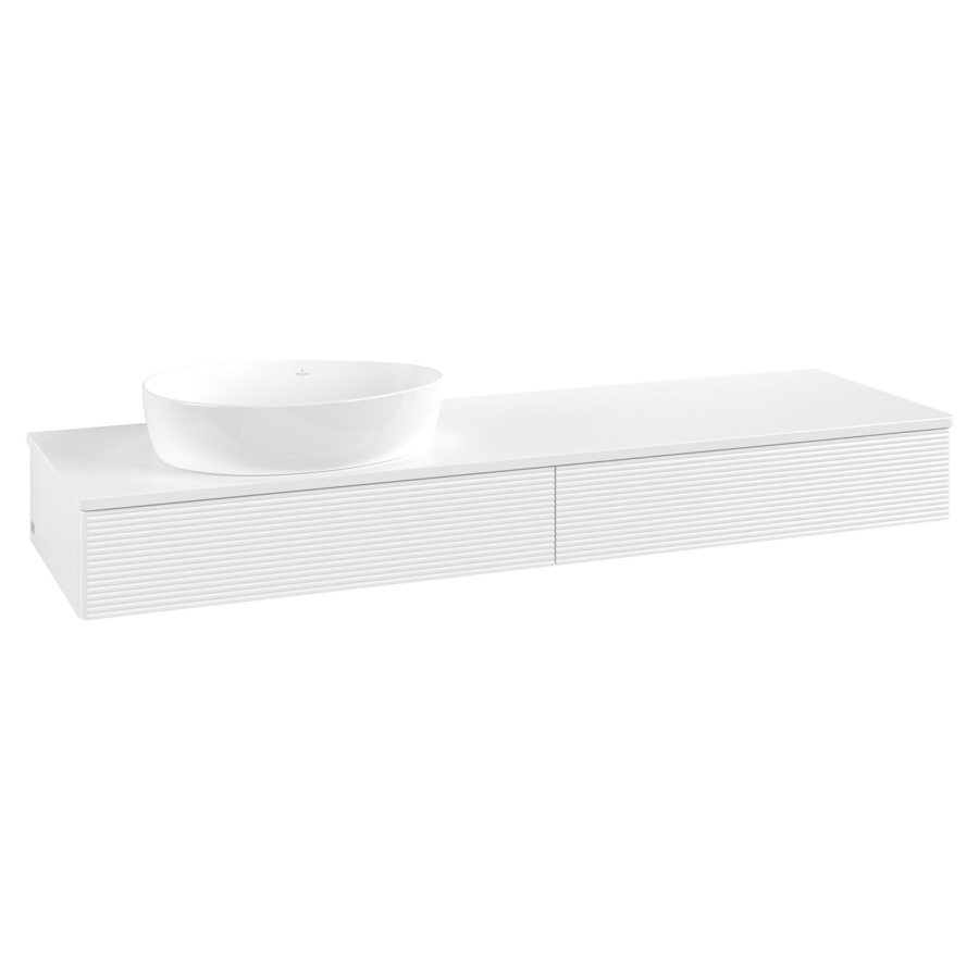 Élément inférieur  Antao
160 x 19 x 50 cm
2&nbsp;éléments de tiroir, 1&nbsp;tiroir chacune
lavabo à gauche
avec siphon gain de place
avec matériel de fixation
pour 1 lavabo à poser 234171/234172/234173
recouvrement sans trou pour robinet