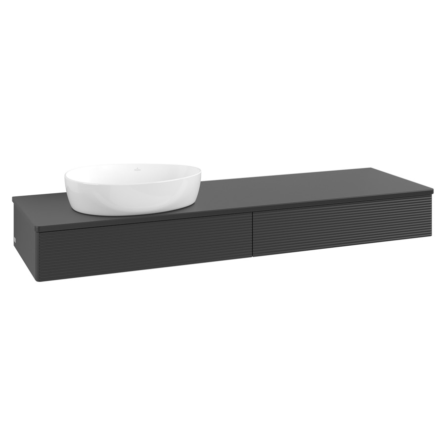 Élément inférieur  Antao
160 x 19 x 50 cm
2&nbsp;éléments de tiroir, 1&nbsp;tiroir chacune
lavabo à gauche
avec siphon gain de place
avec matériel de fixation
pour 1 lavabo à poser 234171/234172/234173
recouvrement sans trou pour robinet