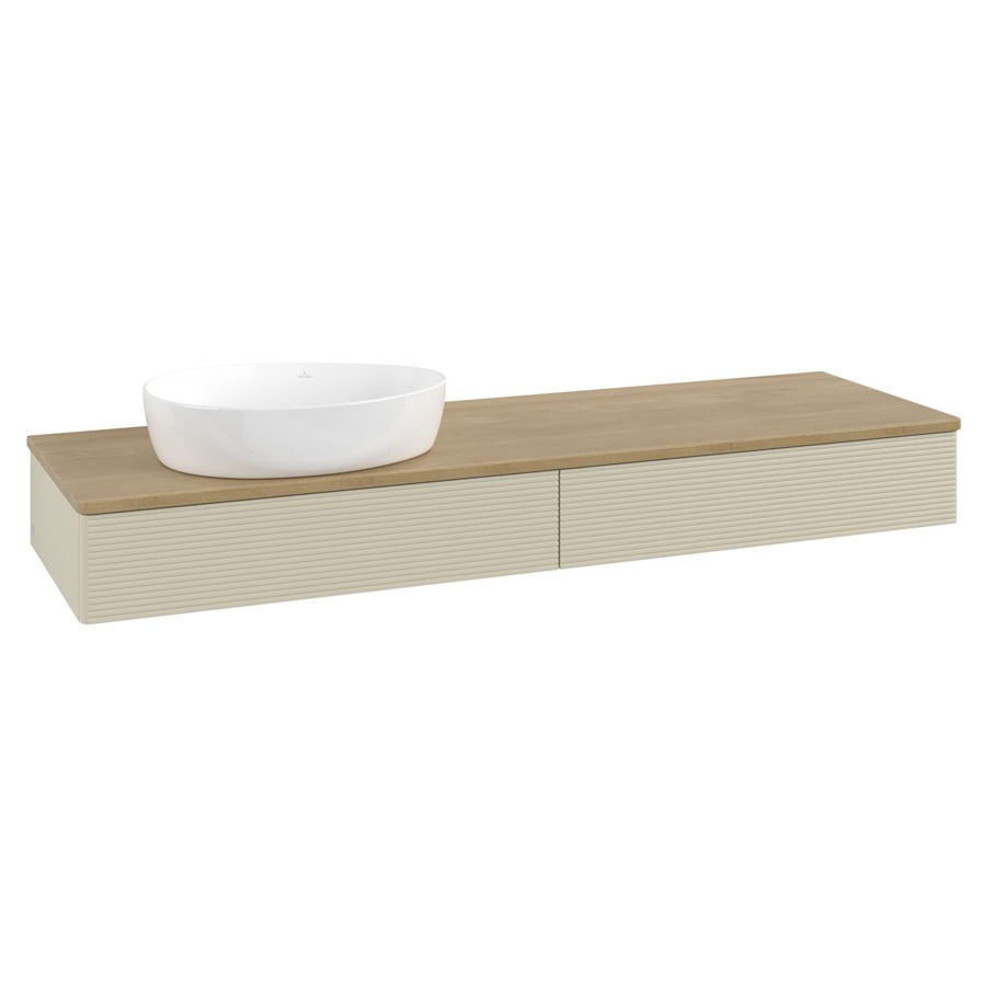 Élément inférieur  Antao
160 x 19 x 50 cm
2&nbsp;éléments de tiroir, 1&nbsp;tiroir chacune
lavabo à gauche
avec siphon gain de place
avec matériel de fixation
pour 1 lavabo à poser 234171/234172/234173
recouvrement Honey Oak
sans trou pour robinet