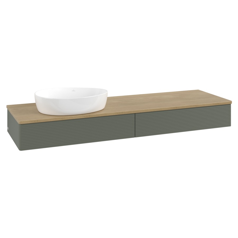 Élément inférieur  Antao
160 x 19 x 50 cm
2&nbsp;éléments de tiroir, 1&nbsp;tiroir chacune
lavabo à gauche
avec siphon gain de place
avec matériel de fixation
pour 1 lavabo à poser 234171/234172/234173
recouvrement Honey Oak
sans trou pour robinet