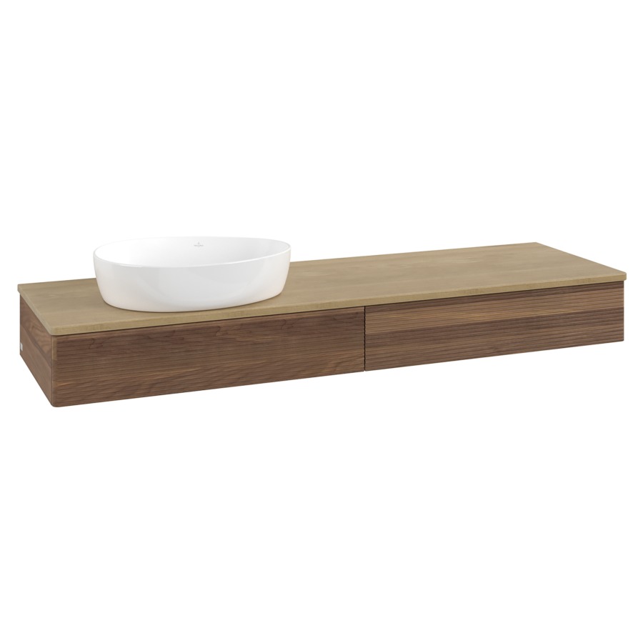 Élément inférieur  Antao
160 x 19 x 50 cm
2&nbsp;éléments de tiroir, 1&nbsp;tiroir chacune
lavabo à gauche
avec siphon gain de place
avec matériel de fixation
pour 1 lavabo à poser 234171/234172/234173
recouvrement Honey Oak
sans trou pour robinet