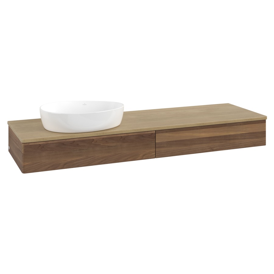 Élément inférieur  Antao
160 x 19 x 50 cm
2&nbsp;éléments de tiroir, 1&nbsp;tiroir chacune
lavabo à gauche
avec siphon gain de place
avec matériel de fixation
pour 1 lavabo à poser 234171/234172/234173
recouvrement Honey Oak
sans trou pour robinet