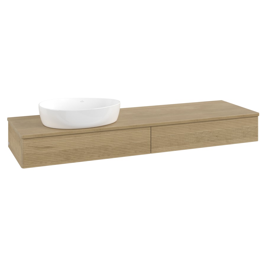 Élément inférieur  Antao
160 x 19 x 50 cm
2&nbsp;éléments de tiroir, 1&nbsp;tiroir chacune
lavabo à gauche
avec siphon gain de place
avec matériel de fixation
pour 1 lavabo à poser 234171/234172/234173
recouvrement Honey Oak
sans trou pour robinet