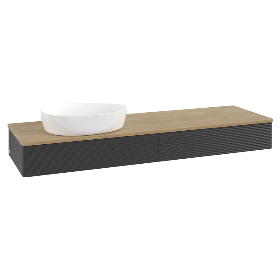 Élément inférieur  Antao
160 x 19 x 50 cm
2&nbsp;éléments de tiroir, 1&nbsp;tiroir chacune
lavabo à gauche
avec siphon gain de place
avec matériel de fixation
pour 1 lavabo à poser 234171/234172/234173
recouvrement Honey Oak
sans trou pour robinet