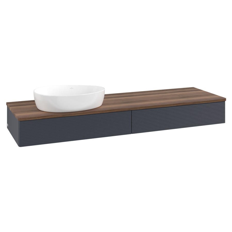 Élément inférieur  Antao
160 x 19 x 50 cm
2&nbsp;éléments de tiroir, 1&nbsp;tiroir chacune
lavabo à gauche
avec siphon gain de place
avec matériel de fixation
pour 1 lavabo à poser 234171/234172/234173
recouvrement Warm Walnut
sans trou pour robinet