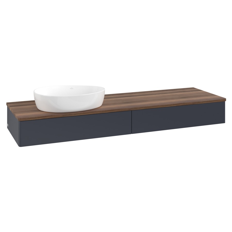 Élément inférieur  Antao
160 x 19 x 50 cm
2&nbsp;éléments de tiroir, 1&nbsp;tiroir chacune
lavabo à gauche
avec siphon gain de place
avec matériel de fixation
pour 1 lavabo à poser 234171/234172/234173
recouvrement Warm Walnut
sans trou pour robinet