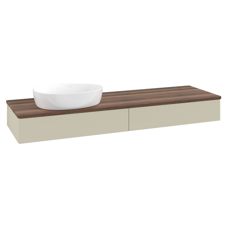 Élément inférieur  Antao
160 x 19 x 50 cm
2&nbsp;éléments de tiroir, 1&nbsp;tiroir chacune
lavabo à gauche
avec siphon gain de place
avec matériel de fixation
pour 1 lavabo à poser 234171/234172/234173
recouvrement Warm Walnut
sans trou pour robinet