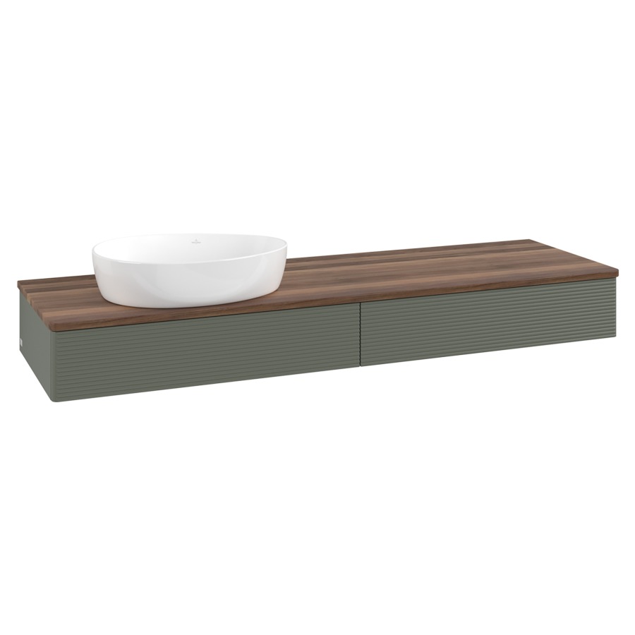 Élément inférieur  Antao
160 x 19 x 50 cm
2&nbsp;éléments de tiroir, 1&nbsp;tiroir chacune
lavabo à gauche
avec siphon gain de place
avec matériel de fixation
pour 1 lavabo à poser 234171/234172/234173
recouvrement Warm Walnut
sans trou pour robinet