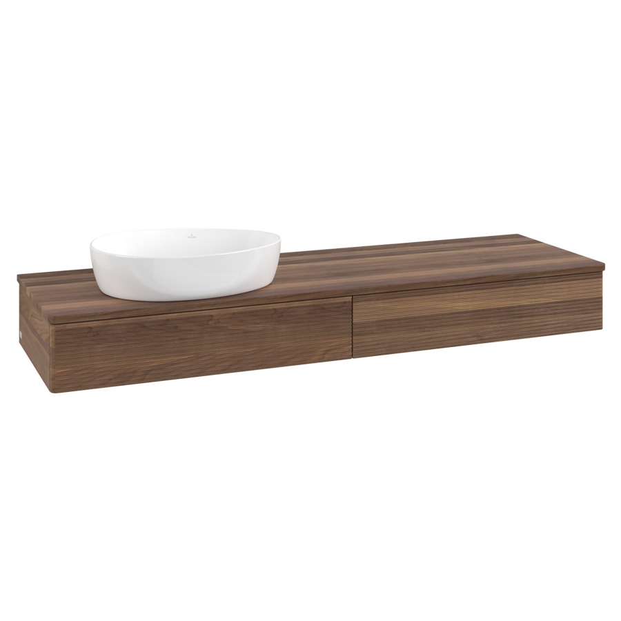 Élément inférieur  Antao
160 x 19 x 50 cm
2&nbsp;éléments de tiroir, 1&nbsp;tiroir chacune
lavabo à gauche
avec siphon gain de place
avec matériel de fixation
pour 1 lavabo à poser 234171/234172/234173
recouvrement Warm Walnut
sans trou pour robinet