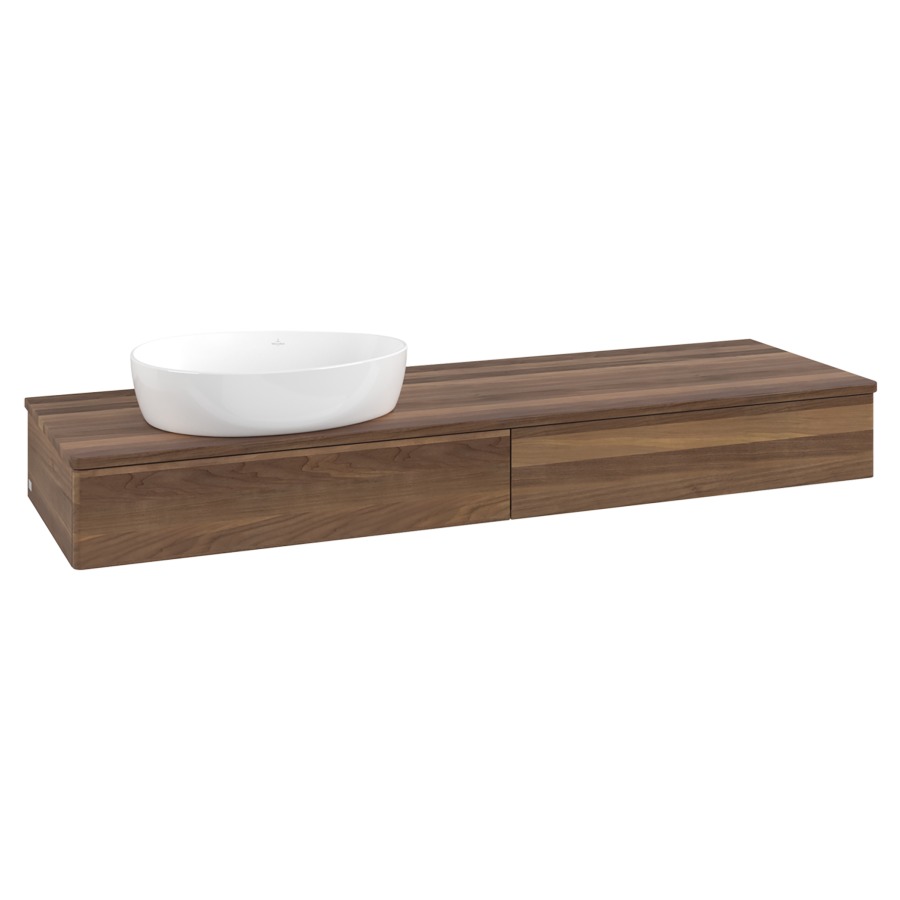 Élément inférieur  Antao
160 x 19 x 50 cm
2&nbsp;éléments de tiroir, 1&nbsp;tiroir chacune
lavabo à gauche
avec siphon gain de place
avec matériel de fixation
pour 1 lavabo à poser 234171/234172/234173
recouvrement Warm Walnut
sans trou pour robinet