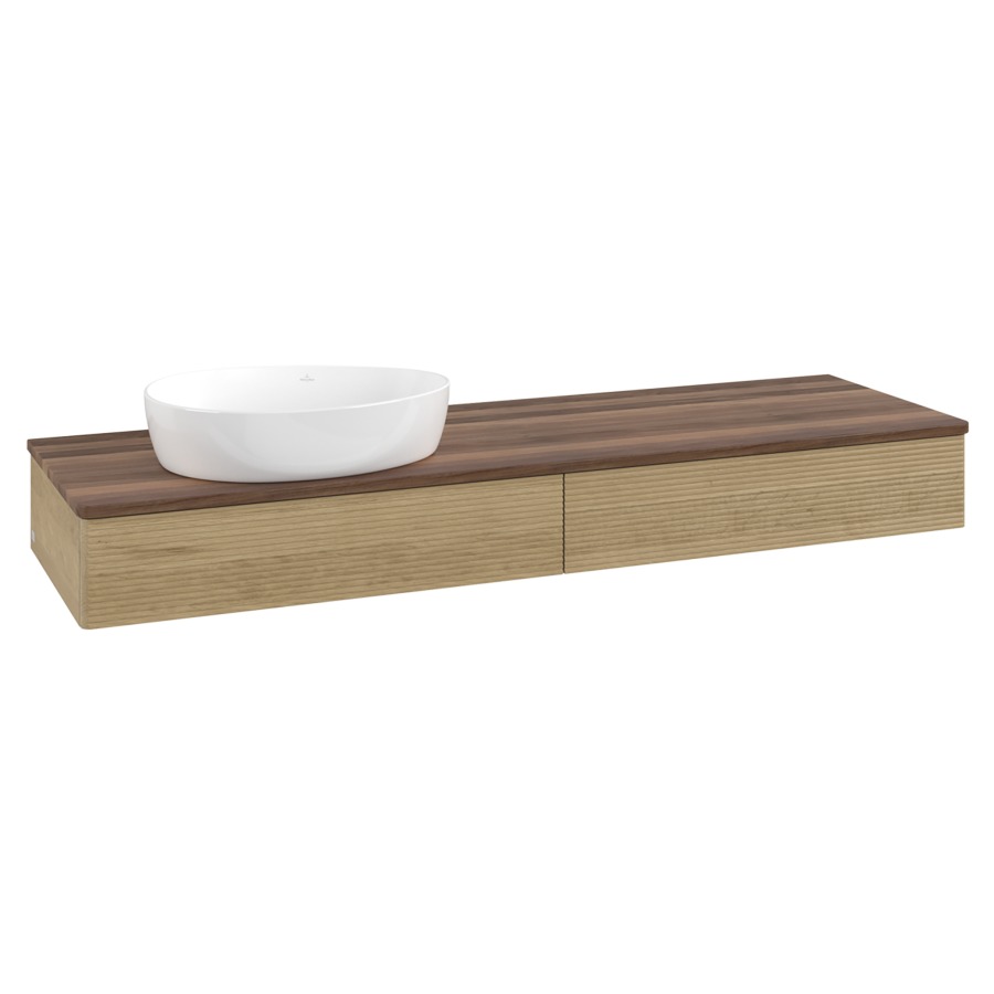 Élément inférieur  Antao
160 x 19 x 50 cm
2&nbsp;éléments de tiroir, 1&nbsp;tiroir chacune
lavabo à gauche
avec siphon gain de place
avec matériel de fixation
pour 1 lavabo à poser 234171/234172/234173
recouvrement Warm Walnut
sans trou pour robinet