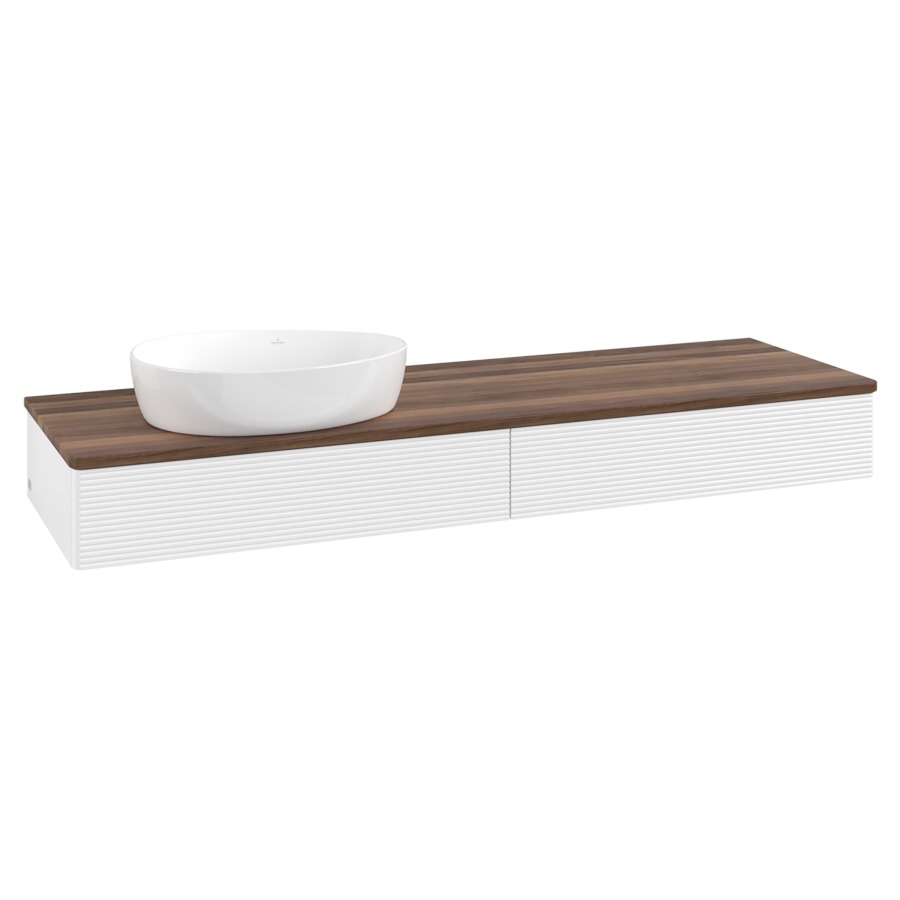 Élément inférieur  Antao
160 x 19 x 50 cm
2&nbsp;éléments de tiroir, 1&nbsp;tiroir chacune
lavabo à gauche
avec siphon gain de place
avec matériel de fixation
pour 1 lavabo à poser 234171/234172/234173
recouvrement Warm Walnut
sans trou pour robinet