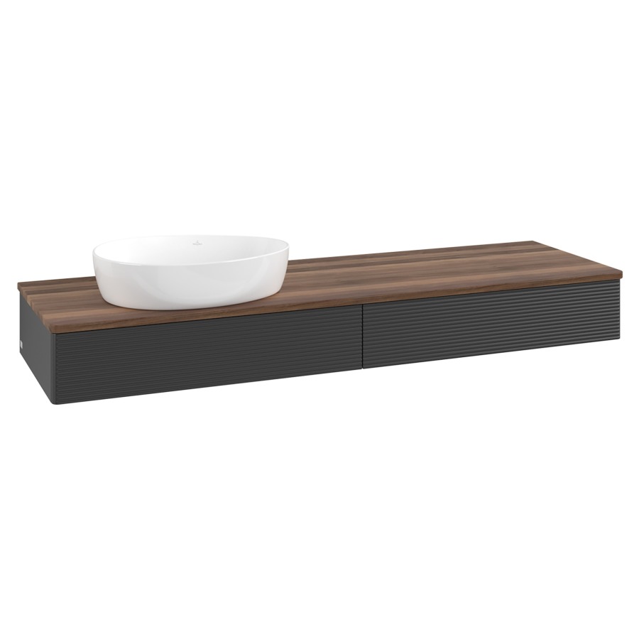 Élément inférieur  Antao
160 x 19 x 50 cm
2&nbsp;éléments de tiroir, 1&nbsp;tiroir chacune
lavabo à gauche
avec siphon gain de place
avec matériel de fixation
pour 1 lavabo à poser 234171/234172/234173
recouvrement Warm Walnut
sans trou pour robinet