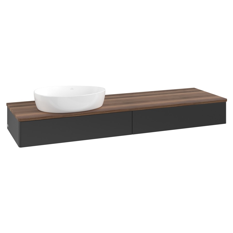 Élément inférieur  Antao
160 x 19 x 50 cm
2&nbsp;éléments de tiroir, 1&nbsp;tiroir chacune
lavabo à gauche
avec siphon gain de place
avec matériel de fixation
pour 1 lavabo à poser 234171/234172/234173
recouvrement Warm Walnut
sans trou pour robinet