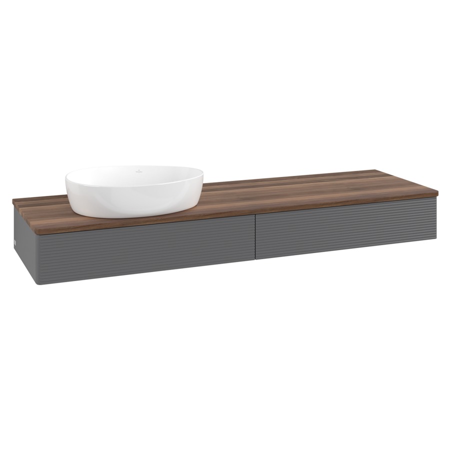 Élément inférieur  Antao
160 x 19 x 50 cm
2&nbsp;éléments de tiroir, 1&nbsp;tiroir chacune
lavabo à gauche
avec siphon gain de place
avec matériel de fixation
pour 1 lavabo à poser 234171/234172/234173
recouvrement Warm Walnut
sans trou pour robinet