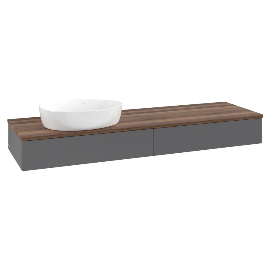 Élément inférieur  Antao
160 x 19 x 50 cm
2&nbsp;éléments de tiroir, 1&nbsp;tiroir chacune
lavabo à gauche
avec siphon gain de place
avec matériel de fixation
pour 1 lavabo à poser 234171/234172/234173
recouvrement Warm Walnut
sans trou pour robinet