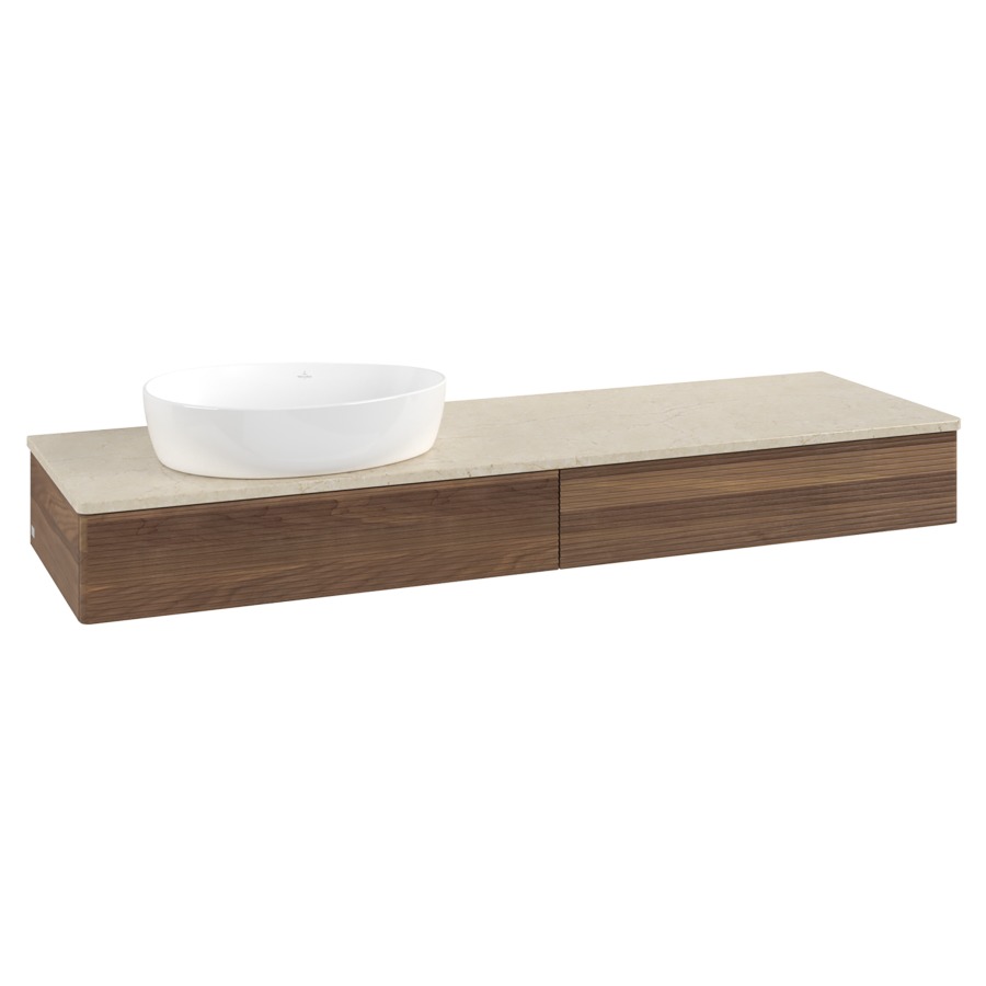 Élément inférieur  Antao
160 x 19 x 50 cm
2&nbsp;éléments de tiroir, 1&nbsp;tiroir chacune
lavabo à gauche
avec siphon gain de place
avec matériel de fixation
pour 1 lavabo à poser 234171/234172/234173
recouvrement Botticino
sans trou pour robinet
