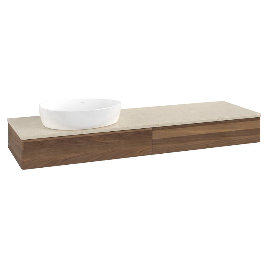 Élément inférieur  Antao
160 x 19 x 50 cm
2&nbsp;éléments de tiroir, 1&nbsp;tiroir chacune
lavabo à gauche
avec siphon gain de place
avec matériel de fixation
pour 1 lavabo à poser 234171/234172/234173
recouvrement Botticino
sans trou pour robinet
