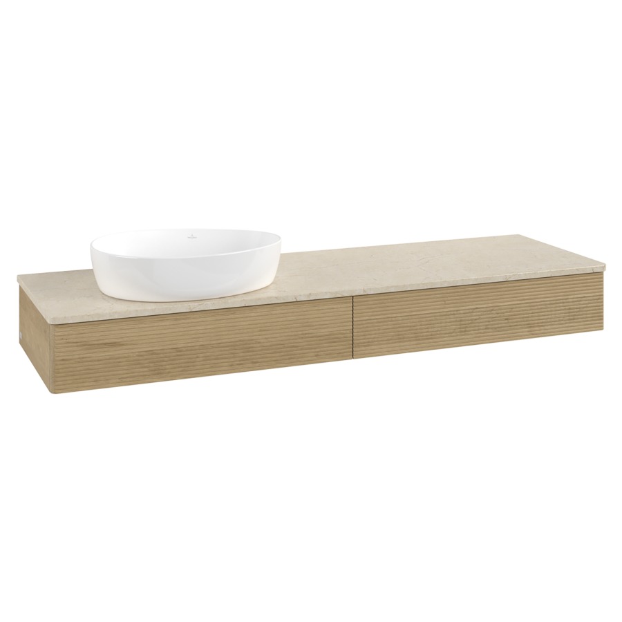 Élément inférieur  Antao
160 x 19 x 50 cm
2&nbsp;éléments de tiroir, 1&nbsp;tiroir chacune
lavabo à gauche
avec siphon gain de place
avec matériel de fixation
pour 1 lavabo à poser 234171/234172/234173
recouvrement Botticino
sans trou pour robinet