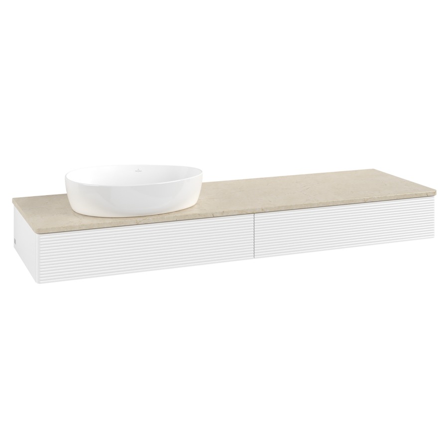 Élément inférieur  Antao
160 x 19 x 50 cm
2&nbsp;éléments de tiroir, 1&nbsp;tiroir chacune
lavabo à gauche
avec siphon gain de place
avec matériel de fixation
pour 1 lavabo à poser 234171/234172/234173
recouvrement Botticino
sans trou pour robinet