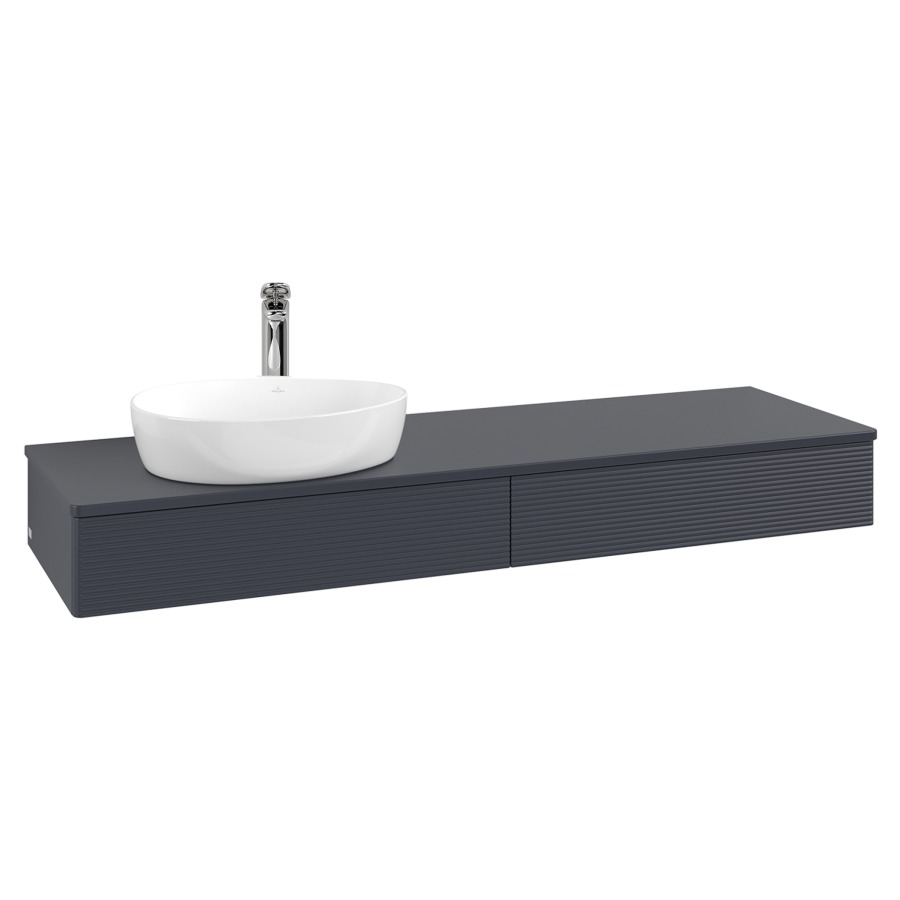 Élément inférieur  Antao
160 x 19 x 50 cm
2&nbsp;éléments de tiroir, 1&nbsp;tiroir chacune
lavabo à gauche
avec siphon gain de place
avec matériel de fixation
pour 1 lavabo à poser 101037/101039/234171
recouvrement avec trou pour robinet