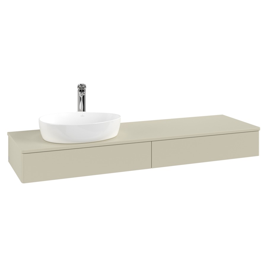 Élément inférieur  Antao
160 x 19 x 50 cm
2&nbsp;éléments de tiroir, 1&nbsp;tiroir chacune
lavabo à gauche
avec siphon gain de place
avec matériel de fixation
pour 1 lavabo à poser 101037/101039/234171
recouvrement avec trou pour robinet