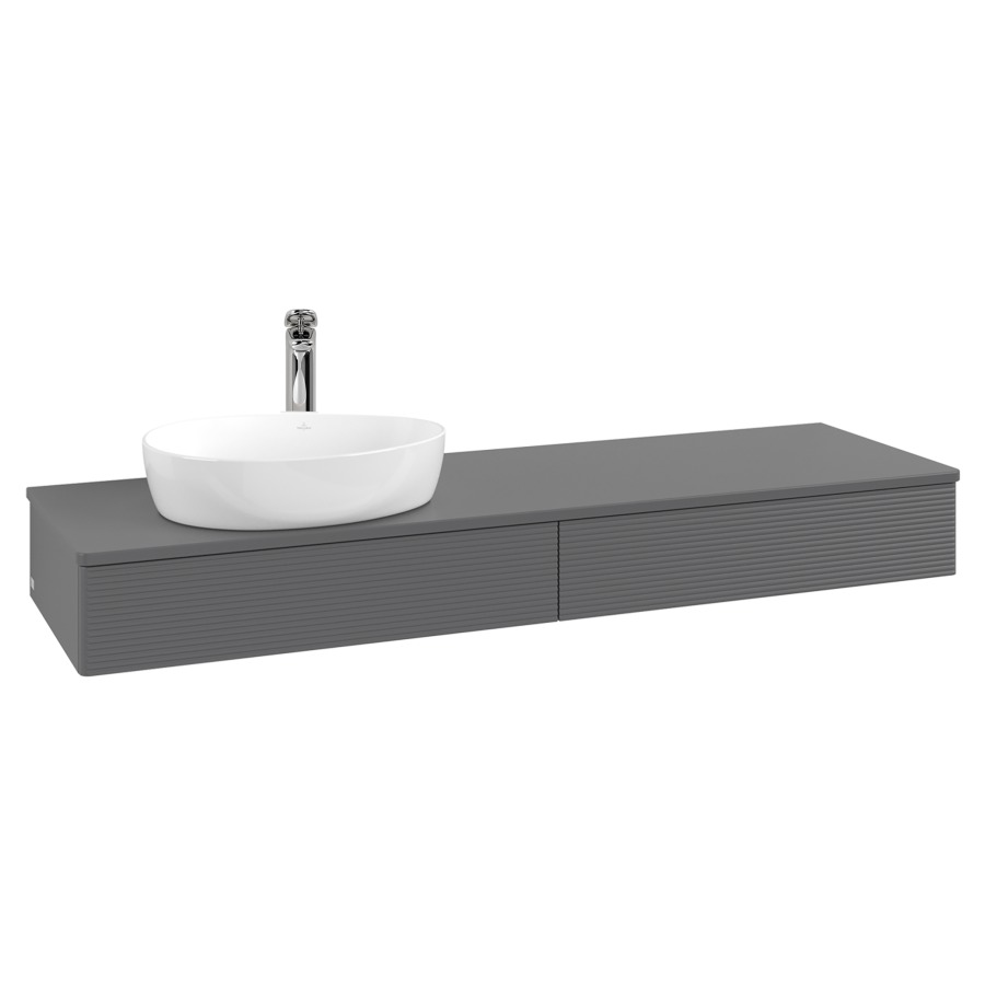 Élément inférieur  Antao
160 x 19 x 50 cm
2&nbsp;éléments de tiroir, 1&nbsp;tiroir chacune
lavabo à gauche
avec siphon gain de place
avec matériel de fixation
pour 1 lavabo à poser 101037/101039/234171
recouvrement avec trou pour robinet