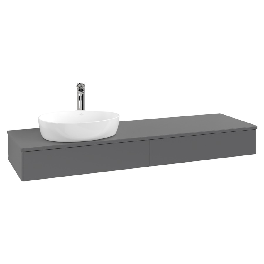 Élément inférieur  Antao
160 x 19 x 50 cm
2&nbsp;éléments de tiroir, 1&nbsp;tiroir chacune
lavabo à gauche
avec siphon gain de place
avec matériel de fixation
pour 1 lavabo à poser 101037/101039/234171
recouvrement avec trou pour robinet
