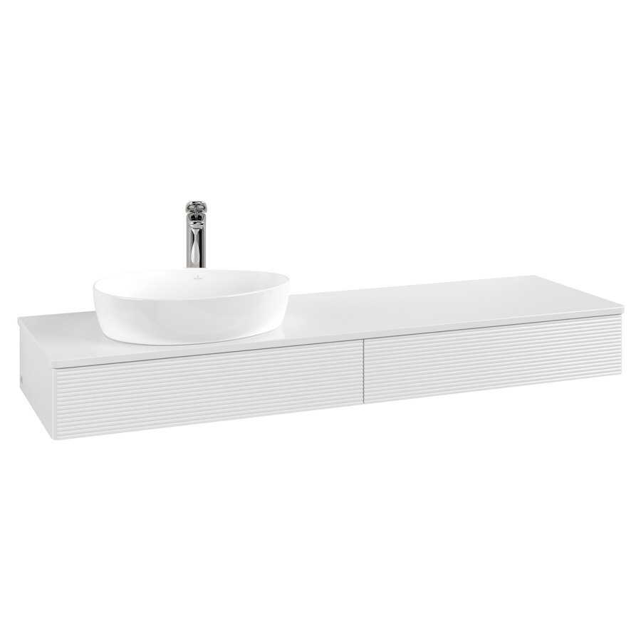 Élément inférieur  Antao
160 x 19 x 50 cm
2&nbsp;éléments de tiroir, 1&nbsp;tiroir chacune
lavabo à gauche
avec siphon gain de place
avec matériel de fixation
pour 1 lavabo à poser 101037/101039/234171
recouvrement avec trou pour robinet