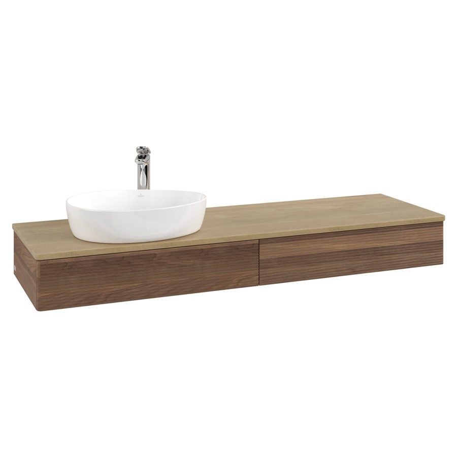 Élément inférieur  Antao
160 x 19 x 50 cm
2&nbsp;éléments de tiroir, 1&nbsp;tiroir chacune
lavabo à gauche
avec siphon gain de place
avec matériel de fixation
pour 1 lavabo à poser 101037/101039/234171
recouvrement Honey Oak, 1 trou pour robinet