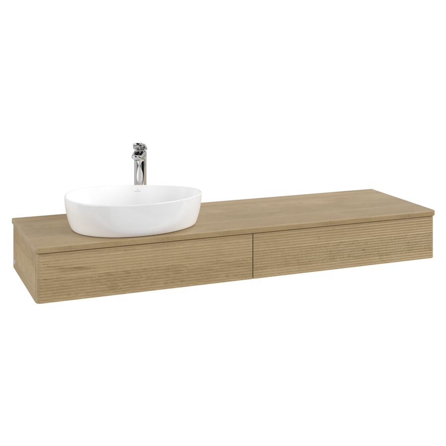 Élément inférieur  Antao
160 x 19 x 50 cm
2&nbsp;éléments de tiroir, 1&nbsp;tiroir chacune
lavabo à gauche
avec siphon gain de place
avec matériel de fixation
pour 1 lavabo à poser 101037/101039/234171
recouvrement Honey Oak, 1 trou pour robinet