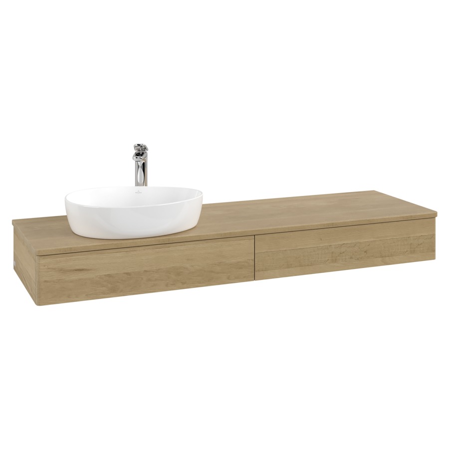 Élément inférieur  Antao
160 x 19 x 50 cm
2&nbsp;éléments de tiroir, 1&nbsp;tiroir chacune
lavabo à gauche
avec siphon gain de place
avec matériel de fixation
pour 1 lavabo à poser 101037/101039/234171
recouvrement Honey Oak, 1 trou pour robinet