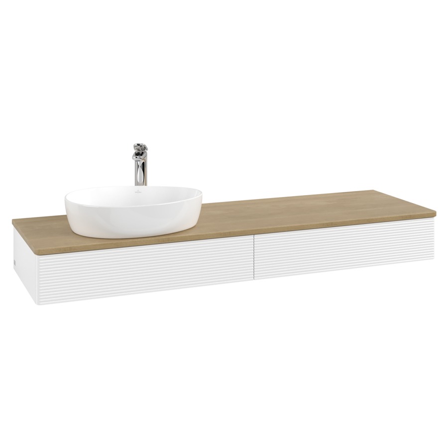 Élément inférieur  Antao
160 x 19 x 50 cm
2&nbsp;éléments de tiroir, 1&nbsp;tiroir chacune
lavabo à gauche
avec siphon gain de place
avec matériel de fixation
pour 1 lavabo à poser 101037/101039/234171
recouvrement Honey Oak, 1 trou pour robinet