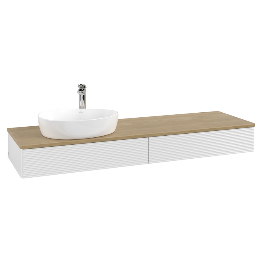 Élément inférieur  Antao
160 x 19 x 50 cm
2&nbsp;éléments de tiroir, 1&nbsp;tiroir chacune
lavabo à gauche
avec siphon gain de place
avec matériel de fixation
pour 1 lavabo à poser 101037/101039/234171
recouvrement Honey Oak, 1 trou pour robinet