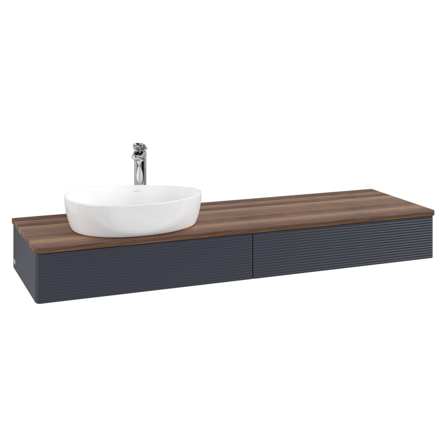 Élément inférieur  Antao
160 x 19 x 50 cm
2&nbsp;éléments de tiroir, 1&nbsp;tiroir chacune
lavabo à gauche
avec siphon gain de place
avec matériel de fixation
pour 1 lavabo à poser 101037/101039/234171
recouvrement Warm Walnut, 1 trou pour robinet