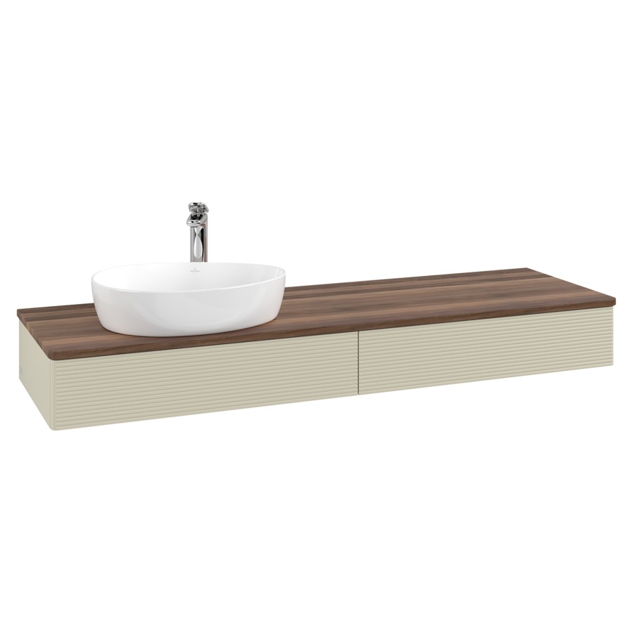 Élément inférieur  Antao
160 x 19 x 50 cm
2&nbsp;éléments de tiroir, 1&nbsp;tiroir chacune
lavabo à gauche
avec siphon gain de place
avec matériel de fixation
pour 1 lavabo à poser 101037/101039/234171
recouvrement Warm Walnut, 1 trou pour robinet