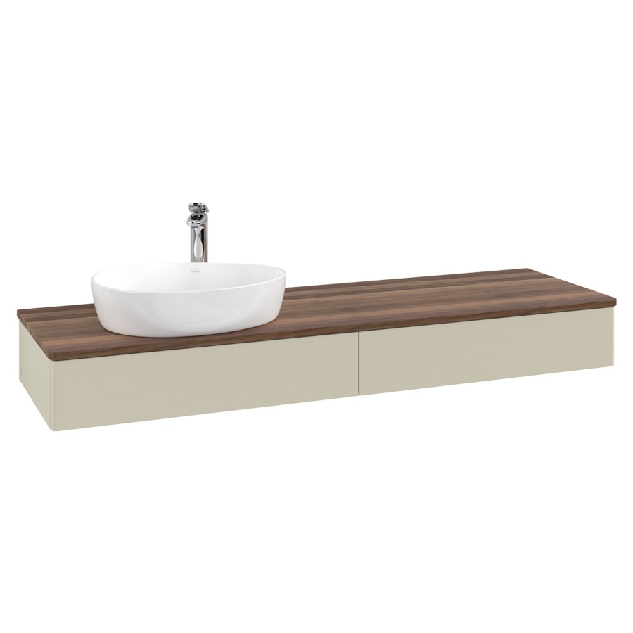 Élément inférieur  Antao
160 x 19 x 50 cm
2&nbsp;éléments de tiroir, 1&nbsp;tiroir chacune
lavabo à gauche
avec siphon gain de place
avec matériel de fixation
pour 1 lavabo à poser 101037/101039/234171
recouvrement Warm Walnut, 1 trou pour robinet