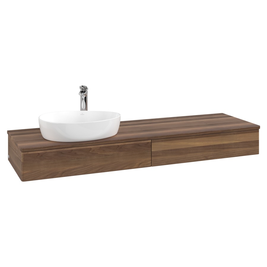 Élément inférieur  Antao
160 x 19 x 50 cm
2&nbsp;éléments de tiroir, 1&nbsp;tiroir chacune
lavabo à gauche
avec siphon gain de place
avec matériel de fixation
pour 1 lavabo à poser 101037/101039/234171
recouvrement Warm Walnut, 1 trou pour robinet