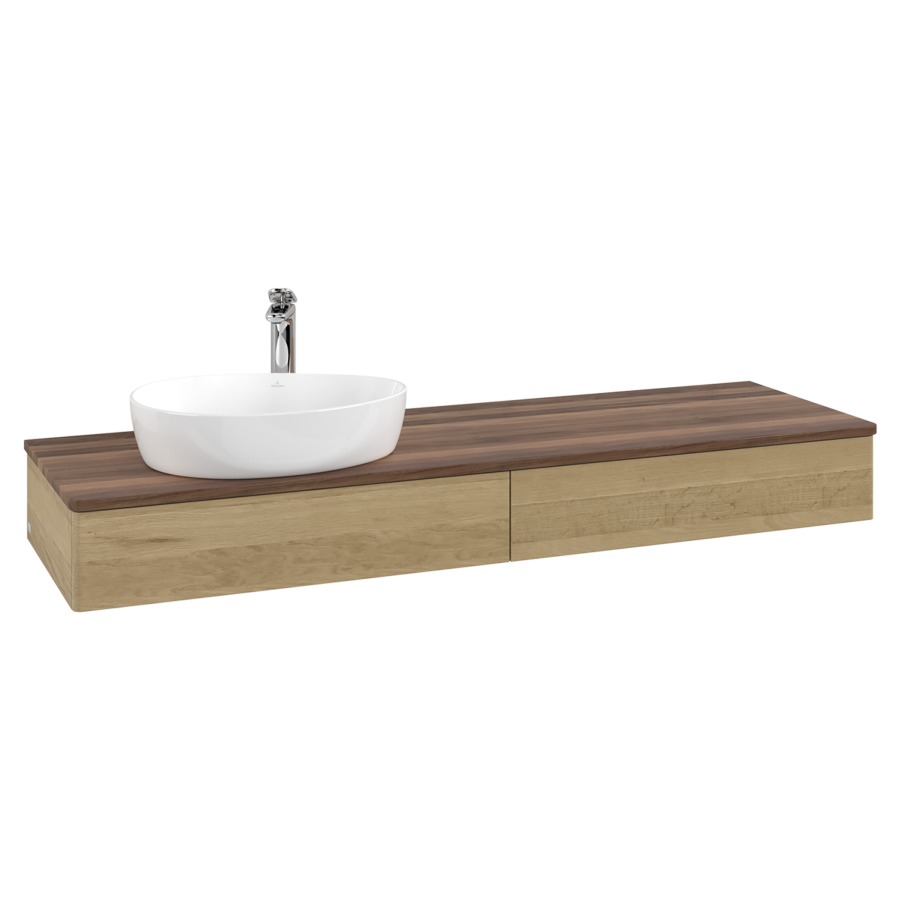 Élément inférieur  Antao
160 x 19 x 50 cm
2&nbsp;éléments de tiroir, 1&nbsp;tiroir chacune
lavabo à gauche
avec siphon gain de place
avec matériel de fixation
pour 1 lavabo à poser 101037/101039/234171
recouvrement Warm Walnut, 1 trou pour robinet