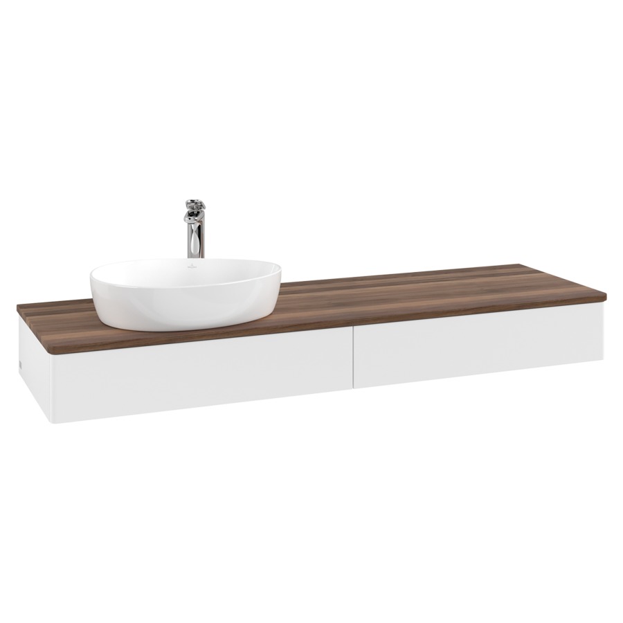 Élément inférieur  Antao
160 x 19 x 50 cm
2&nbsp;éléments de tiroir, 1&nbsp;tiroir chacune
lavabo à gauche
avec siphon gain de place
avec matériel de fixation
pour 1 lavabo à poser 101037/101039/234171
recouvrement Warm Walnut, 1 trou pour robinet