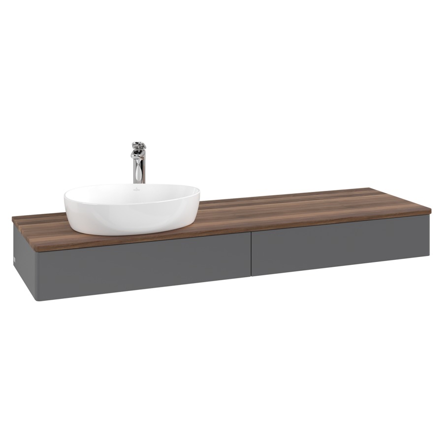 Élément inférieur  Antao
160 x 19 x 50 cm
2&nbsp;éléments de tiroir, 1&nbsp;tiroir chacune
lavabo à gauche
avec siphon gain de place
avec matériel de fixation
pour 1 lavabo à poser 101037/101039/234171
recouvrement Warm Walnut, 1 trou pour robinet